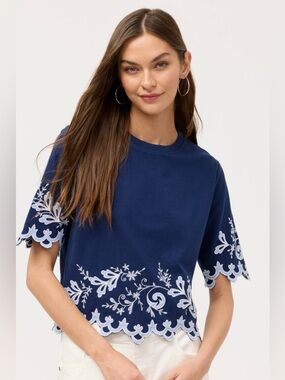 Johnny Was Addeline Elbow Sleeve Tee in Navy